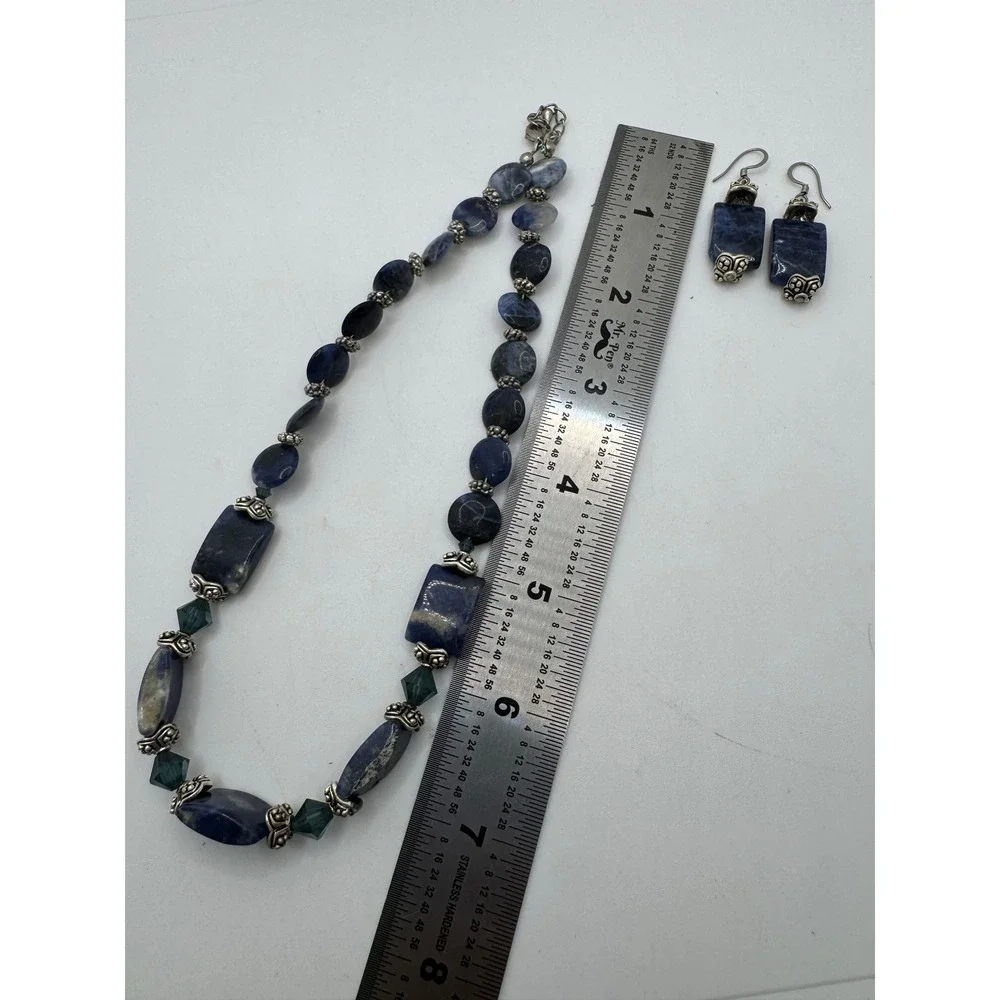 Blue Sodalite Stone Necklace Earring Set Silver Tone Beaded Statement Artisan